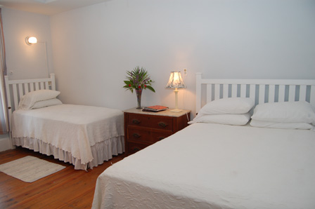 Queen and twin beds in a pale blue room with wooden floors